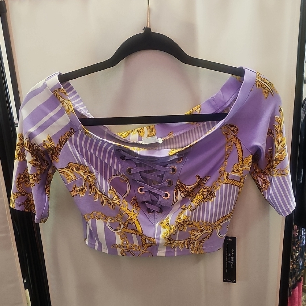 VENUS, Purple, NWT, Lace-Up, Blouse, cropped, Party, Casual, Vegas, Dance